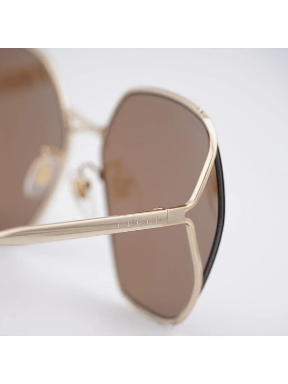 Gucci GG0818SA 002 Sunglasses Gold Geometric Frame, Brown Lenses